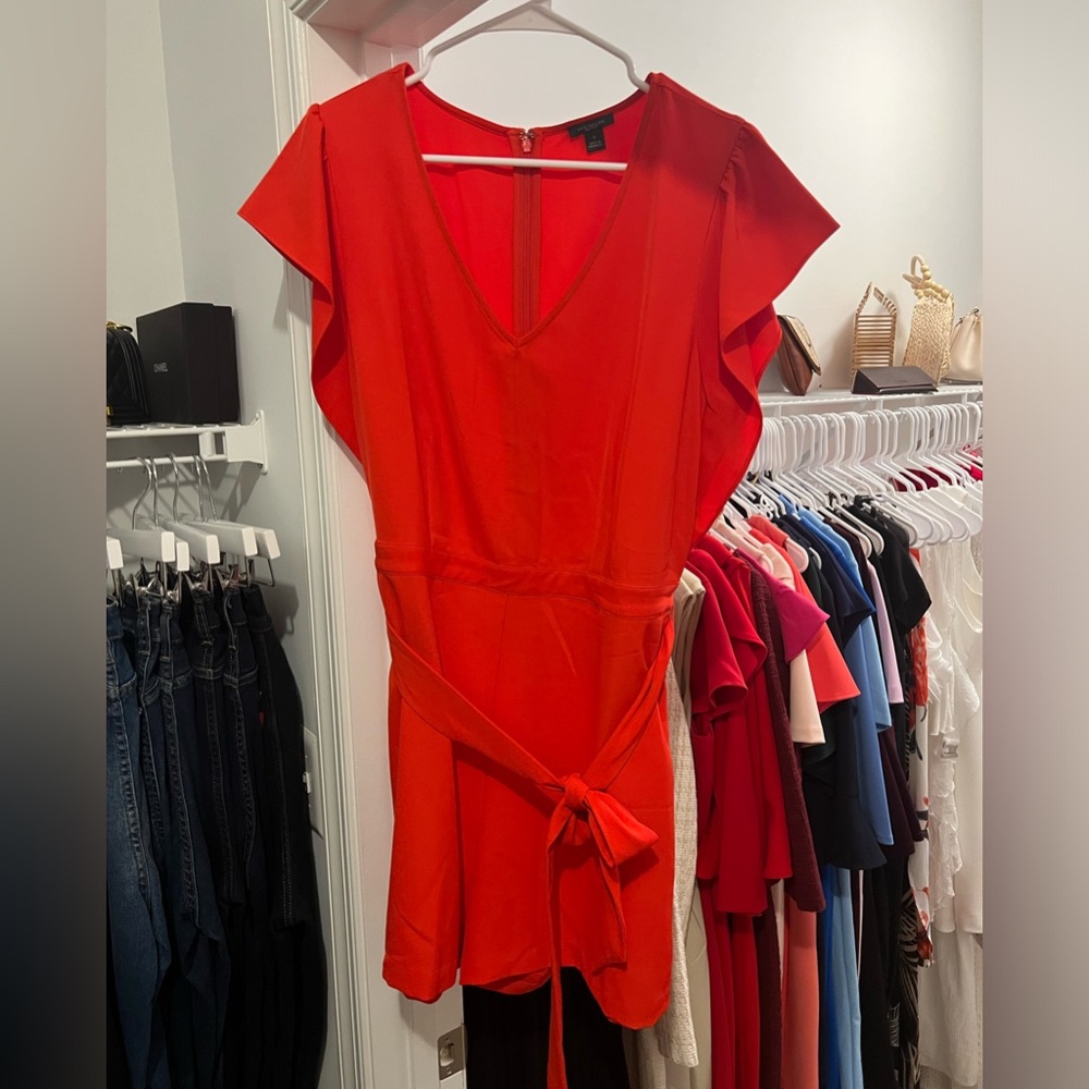 Ann Taylor Orange Shorts Romper W/ Tie Sash Belt